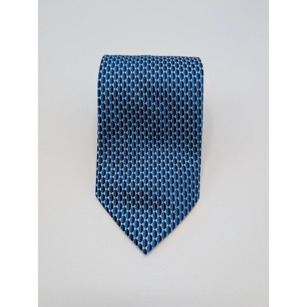 Bergamo New York Men's Necktie Blue Silver Geometric Jacquard Polyester Handmade